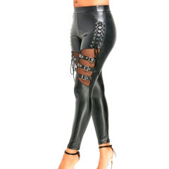 Faux Leather Lace-up Pants For Women Steampunk Matt PU Trousers PQLK1109