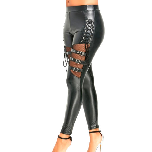 Faux Leather Lace-up Pants For Women Steampunk Matt PU Trousers PQLK1109