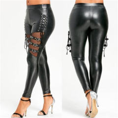 Faux Leather Lace-up Pants For Women Steampunk Matt PU Trousers PQLK1109