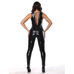 Faux Leather Back Lace-up Catsuit PVC Jumpsuit for Women Zipper Zentai PQLK1102