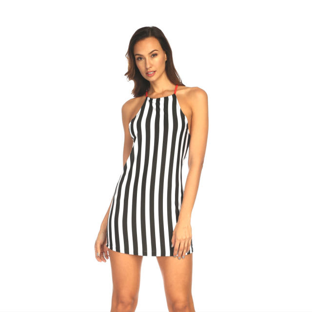 Sleeveless Summer Casual Dress Striped Printed Beach Dresses PQLK1106