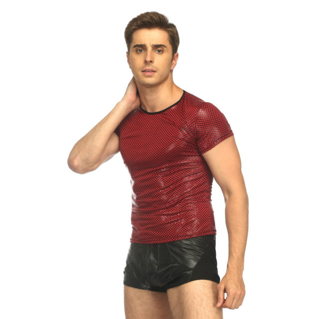 Fetish PVC Vest For Men Faux Leather Tops Grid Night Club Wear PQN959B
