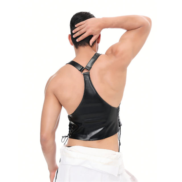 PU Fetish Vest For Men Steam Punk Faux Leather Club Tops witth Panties PQLKN982