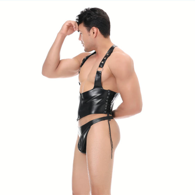 PU Fetish Vest For Men Steam Punk Faux Leather Club Tops witth Panties PQLKN982
