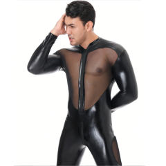 Faux Leather Jumpsuit Men Steampunk Mesh Zentai PU Club Catsuit PQLKN972