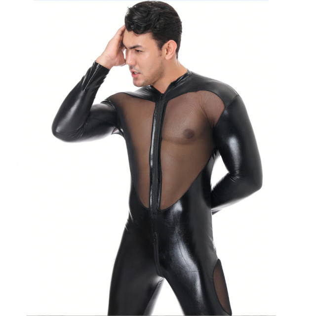 Faux Leather Jumpsuit Men Steampunk Mesh Zentai PU Club Catsuit PQLKN972
