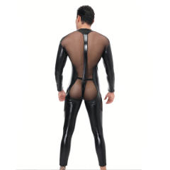 Faux Leather Jumpsuit Men Steampunk Mesh Zentai PU Club Catsuit PQLKN972