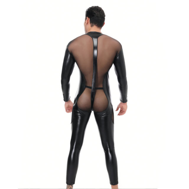 Faux Leather Jumpsuit Men Steampunk Mesh Zentai PU Club Catsuit PQLKN972