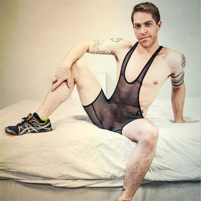 Sheer Mesh Jumpsuit Men Steampunk Mesh Zentai PU Club Bodysuit PQLKN983