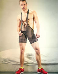 Sheer Mesh Jumpsuit Men Steampunk Mesh Zentai PU Club Bodysuit PQLKN983
