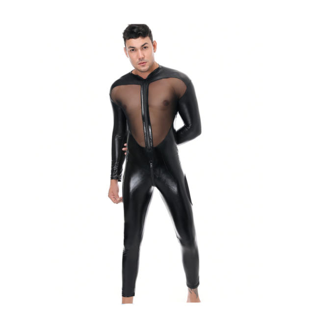 Faux Leather Jumpsuit Men Steampunk Mesh Zentai PU Club Catsuit PQLKN972