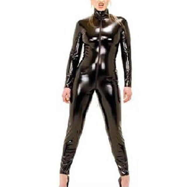 Women Black PVC Jumpsuit Faux Leather Night Club Catsuit PQYL007A