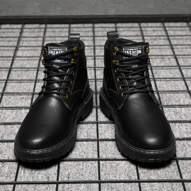 Men Faux Leather Ankle Boots Shoes Winter PU Shoes Clunky Sneakers PQQJWX06