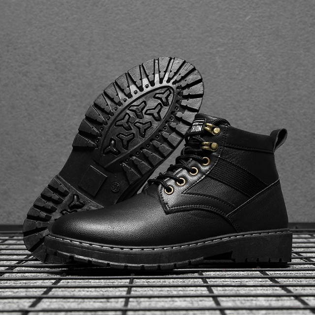 Men Faux Leather Ankle Boots Shoes Winter PU Shoes Clunky Sneakers PQQJWX06