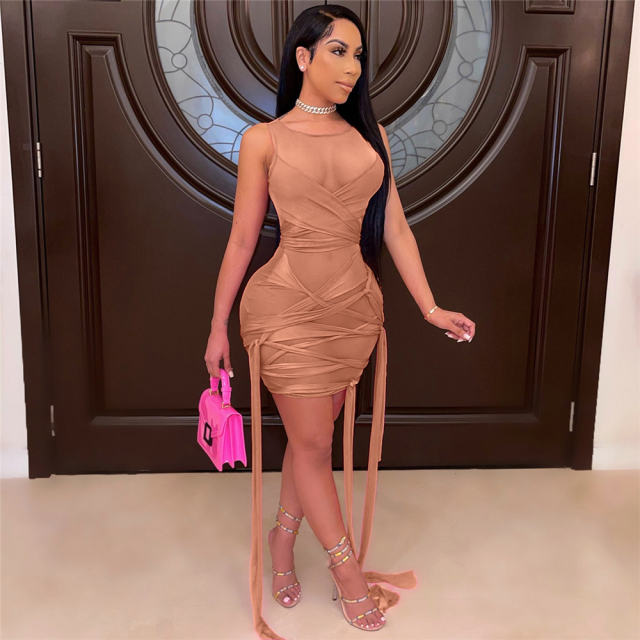 White Mesh Mini Dress For Women Sexy TIe Night Club Wear PQXM6121B