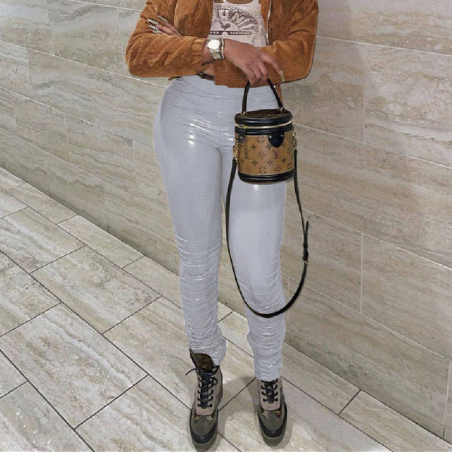 White Wetlook PU Pants Faux Leather Leggings for Women PQXM6120D