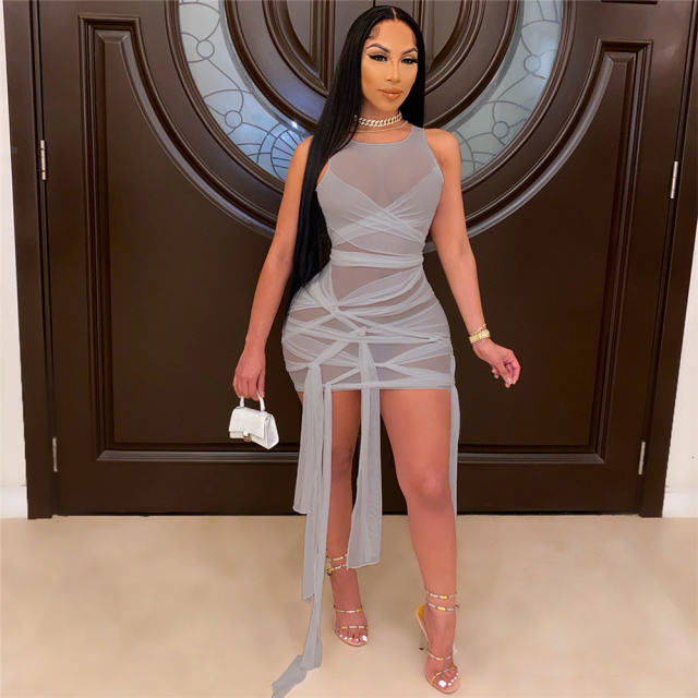 White Mesh Mini Dress For Women Sexy TIe Night Club Wear PQXM6121B