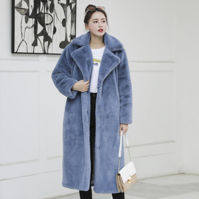 Black Fashion Rabbit Fur Long Jackets Faux Bunny Fur Coat Women PQ988E