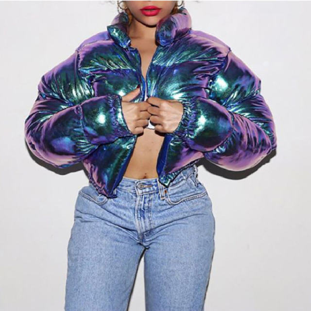 Purple Fashion Faux Leather Winter Coat For Women Short Cotton Jackets PQ20D8B