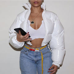 Yellow Fashion Faux Leather Winter Coat For Women Short Cotton Jackets PQ20D8D