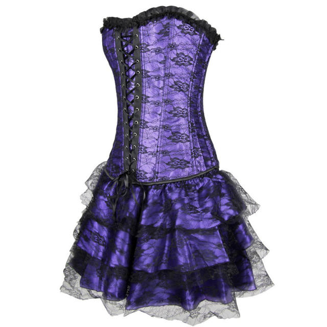 Green Luxury Court Corset Dress Underbust Corselet Palace Gorset with Skirt PQ584D