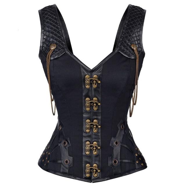 Brown Faux Leather Steampunk Corset Sexy PU Gothic Corselet For Women PQ679B