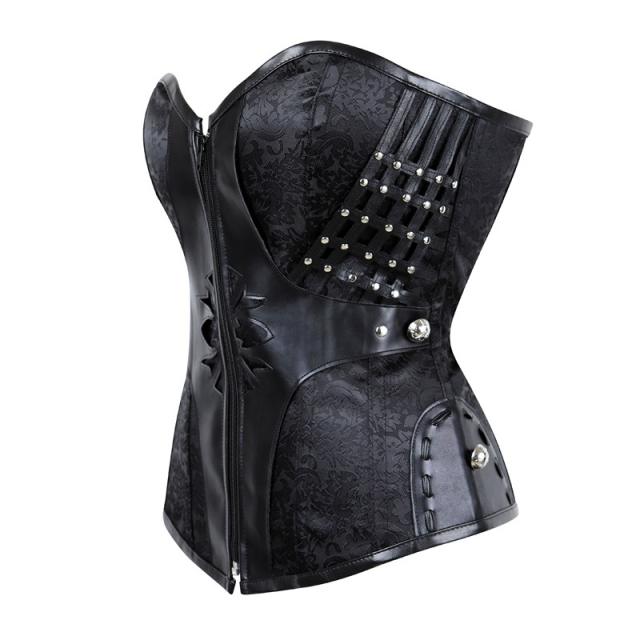 Black PU Steampunk Zipper Corset Faux Leather Gothic Corselet Sexy PQ683A