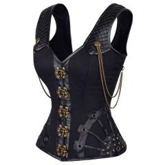 Black Faux Leather Steampunk Corset Sexy PU Gothic Corselet For Women PQ679A