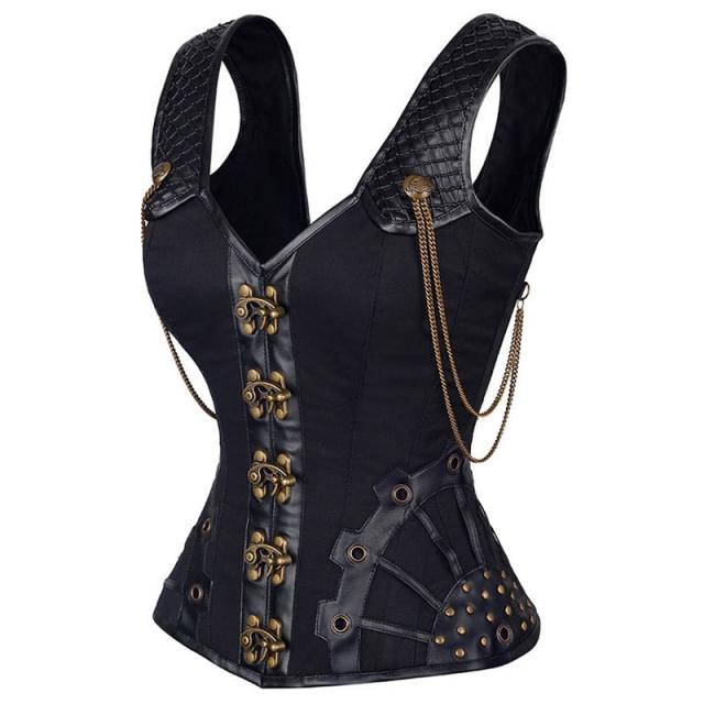 Black Faux Leather Steampunk Corset Sexy PU Gothic Corselet For Women PQ679A