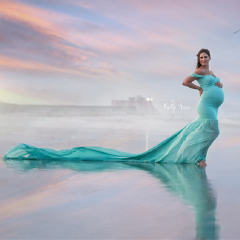 Sullivan Blue Long Maternity Dress Elegant Pregnant Gown Off Shoulder Mesh Maxi Dresses Party Clothing PQ1869M