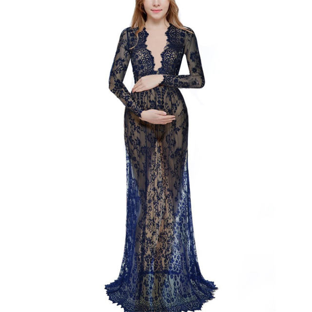 Purple Sexy Deep V Neck Maternity Gown Women Pregnant Dress Lace See-through Elegant Long Dresses PQ9848A