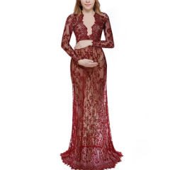 Purple Sexy Deep V Neck Maternity Gown Women Pregnant Dress Lace See-through Elegant Long Dresses PQ9848A