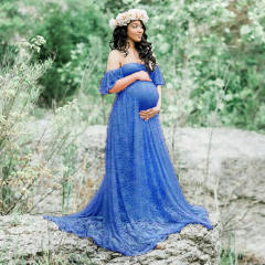 Pink Maternity Low Cut Photography Dress Off Shoulder Ruffle Sleeve Lace Gowns Pregnant Women Bridesmaid Maxi Dresses PQ8919B