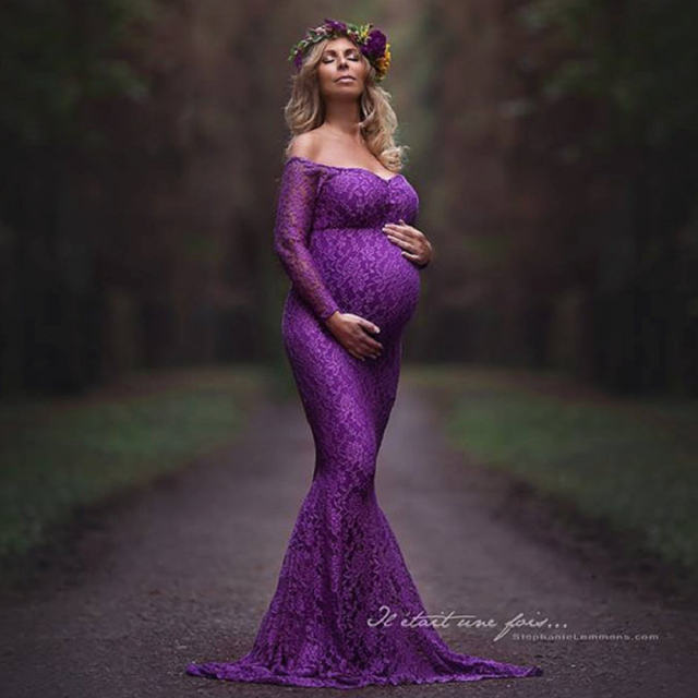 Floral Maternity Gown Maxi Photography Dress Women's Long Sleeve Lace Dresses PQ8927D