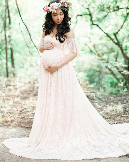 Pink Maternity Low Cut Photography Dress Off Shoulder Ruffle Sleeve Lace Gowns Pregnant Women Bridesmaid Maxi Dresses PQ8919B