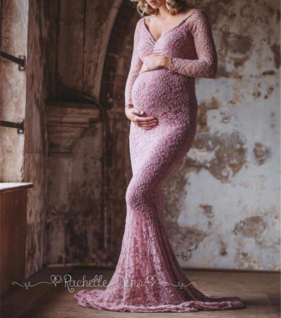 Floral Maternity Gown Maxi Photography Dress Women's Long Sleeve Lace Dresses PQ8927D