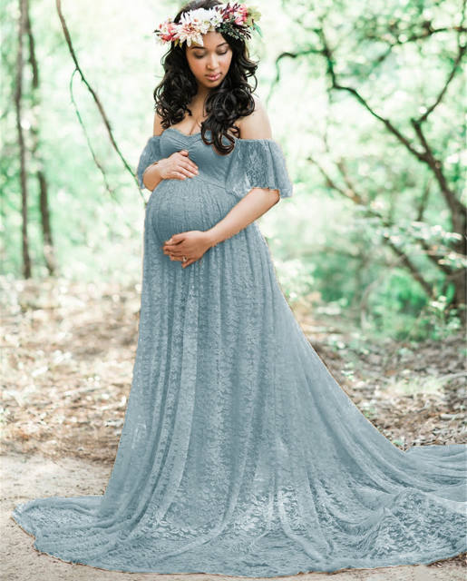 Purple Maternity Low Cut Photography Dress Off Shoulder Ruffle Sleeve Lace Gowns Pregnant Women Bridesmaid Maxi Dresses PQ8919D