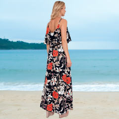 White Floral Printed Long Beach Dress Spaghetti Straps Bohemia Dresses PQLQ078A