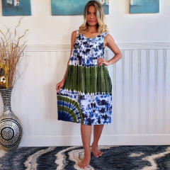 Army Green Summer Midi Dress Sleeveless Round Neck Tie-dye A-line Casual Dresses PQLQ069B