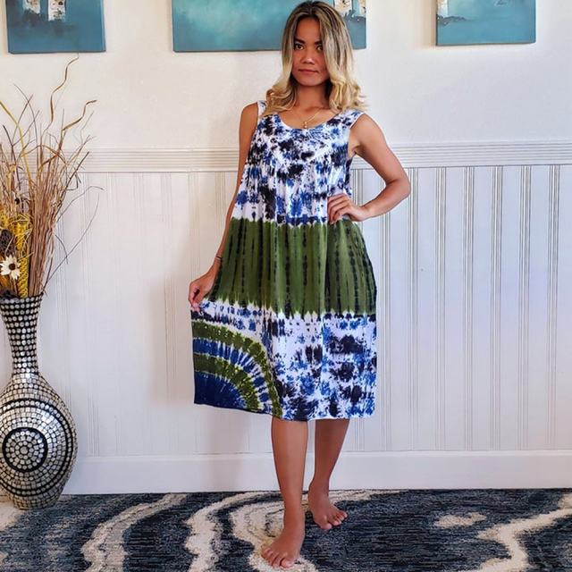 Army Green Summer Midi Dress Sleeveless Round Neck Tie-dye A-line Casual Dresses PQLQ069B