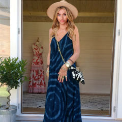 Blue Summer V-neck Strapless Boho Dress Tie-dyed Print Bohemian Dress PQLQ068B