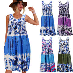 Light Blue Summer Midi Dress Sleeveless Round Neck Tie-dye A-line Casual Dresses PQLQ069A