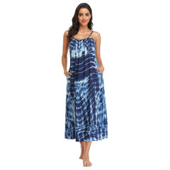 Floral Tie-Dyed Print Long Boho Dresses Sexy Sleeveless Bohemian Dress PQLQ013