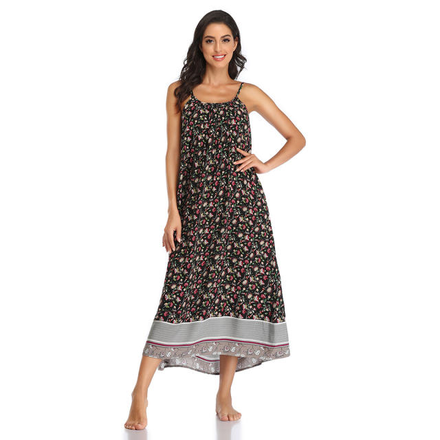 Floral Tie-Dyed Print Long Boho Dresses Sexy Sleeveless Bohemian Dress PQLQ013