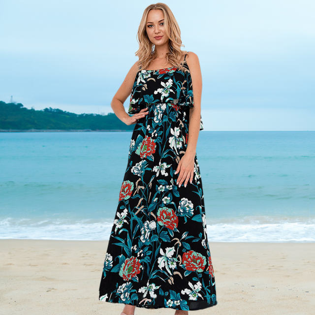 Black Floral Printed Long Beach Dress Spaghetti Straps Bohemia Dresses PQLQ078B