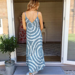 Green Summer V-neck Strapless Boho Dress Tie-dyed Print Bohemian Dress PQLQ068C