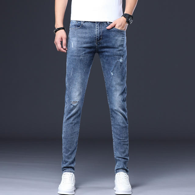 Grey Fashion Men Cotton Jeans Slim Spring Ripped Denim Pants PQYP302B