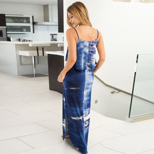 Pink Summer Boho Dress Sexy Tie-dye Sleeveless Long Dress Bohemia Dresses PQLQ067C