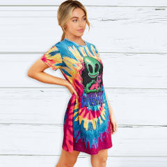 Green Round Neck Casual Dresses Summer Alien Print Women Short Sleeve T-shirt PQLQ057C