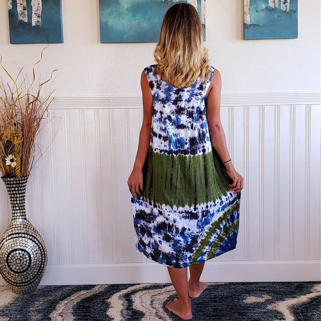 Blue Sleeveless Tie-dye A-line Casual Dresses Summer Midi Dress PQLQ069C